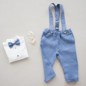 Vendas - Roupas de batizado para menino, roupa de pajem, macacão, terno de batizado, roupa de casamento, macacão - calças de linho azuis para meninos com suspensórios