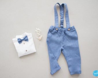 dusty blue linen pants with straps - page boy outfit, ring bearer outfit, baptism dress - Ready-to-Shop