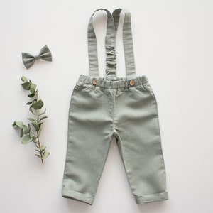 sage green linen pants for baby boy ring bearer outfit, toddler pants, paptism suit ready-to-ship pants + bow tie