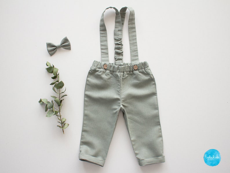 sage green linen pants for baby boy ring bearer outfit, toddler pants, paptism suit ready-to-ship pants + bow tie