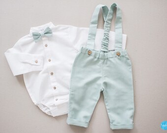 mint green baby boy wedding outfit, toddler ring bearer suit, christening outfit - 2 pcs boys linen suit: pants with suspenders + bodysuit