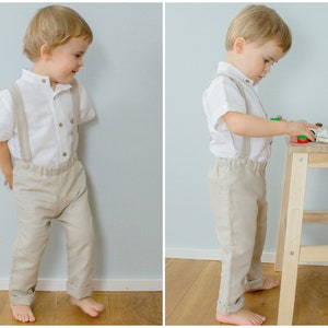 boys suspender outfit, toddler wedding outfit, ring bearer pants, page suspender linen pants + white linen shirt