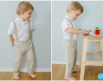 boys suspender outfit, toddler wedding outfit, ring bearer pants, page suspender linen pants + white linen shirt