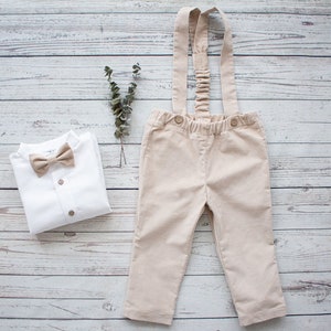 baby boy baptism outfit, toddler wedding suit, ring bearer outfit, page boy outfit, carrier pants - corduroy (cotton) pants with straps