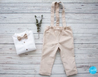 Baby Jungen Taufoutfit, Taufkleidung, Baby Anzug Hochzeit, Trägerhose - sand Cord Hose mit Hosenträger