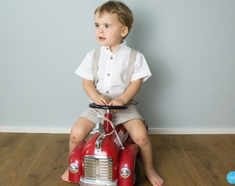 SALE boys wedding outfit, beige shorts with suspenders  + white linen shirt