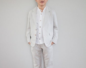 Costume porte-alliances garçon, costume enfant, tenue de mariage - Tenue en lin 3 pièces : pantalon + chemise + veste