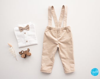 corduroy boys wedding outfit, baptism outfit, page boy suit - 2pcs boys outfit: pants with suspenders + bow tie