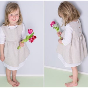 wit roze meisjes linnen jurk met schort - meisjesjurk bloemenmeisjesjurk doopjurk doopoutfit trouwjurk jurk voor beginnende school