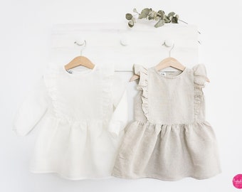 weisses Leinenkleid mit Rüschen - Baby Mädchen Taufoutfit Hochzeitsoutfit Taufkleid Blumenmädchenkleid Kommunionskleid Geburtstagsoutfit