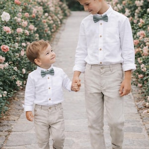 Traje de novio para niño, traje de comunión, traje de padrino, traje de niño, traje de florista - Conjunto de lino para niño de dos piezas, color natural: pantalón + pajarita