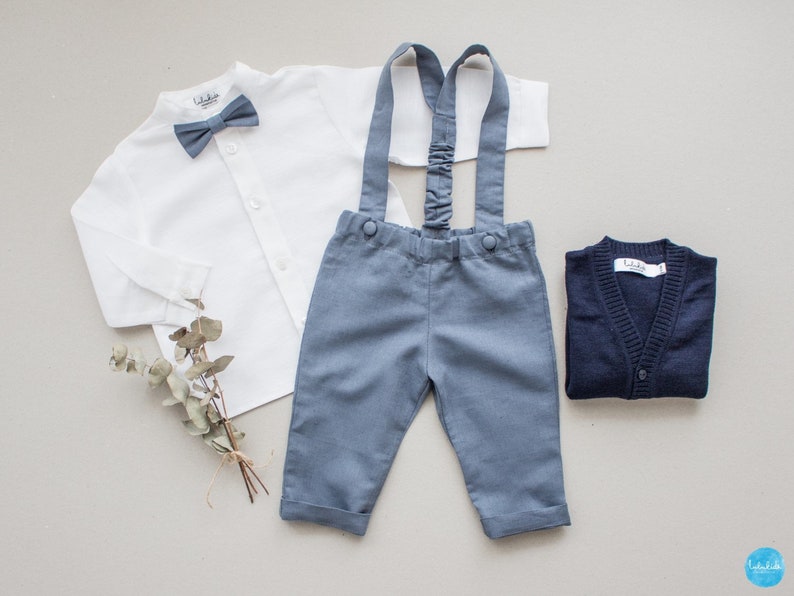 baby boy wedding outfit, boys wedding suit, toddler page boy outfit, ring bearer outfit 2 pcs suit set: pants with suspenders bow tie image 8