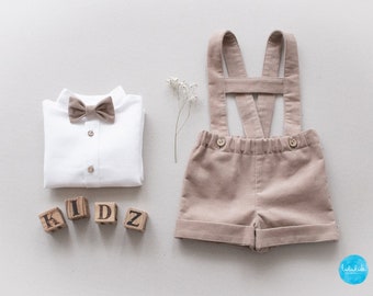 corduroy boys wedding outfit, baptism outfit, page boy suit - 2pcs boys outfit: shorts with suspenders + bow tie