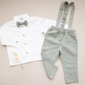 sage green toddler boy baptism outfit, ring bearer boys wedding suit, page boy outfit - 2pcs linen outfit: suspender pants + white shirt