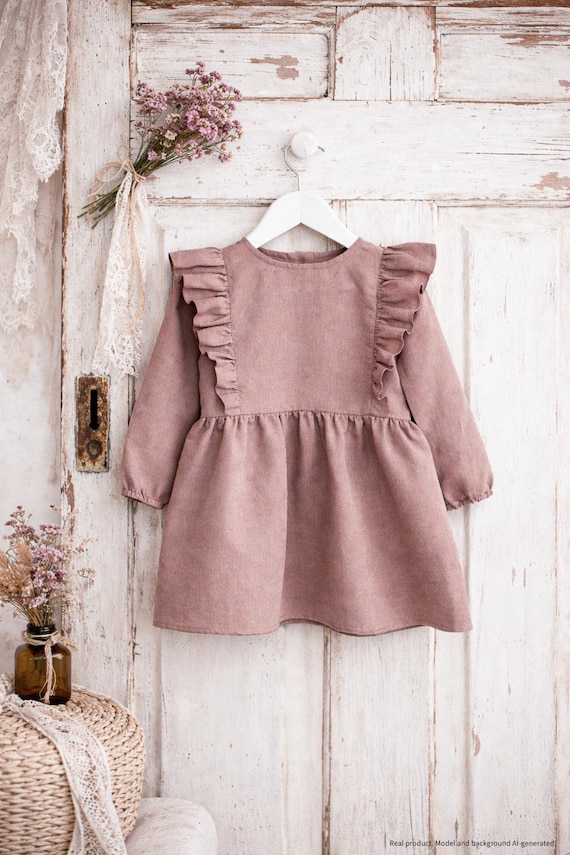 White linen dress with ruffles - baby girl baptism outfit wedding outfit christening dress flower girl dress communion dress birthday outfit