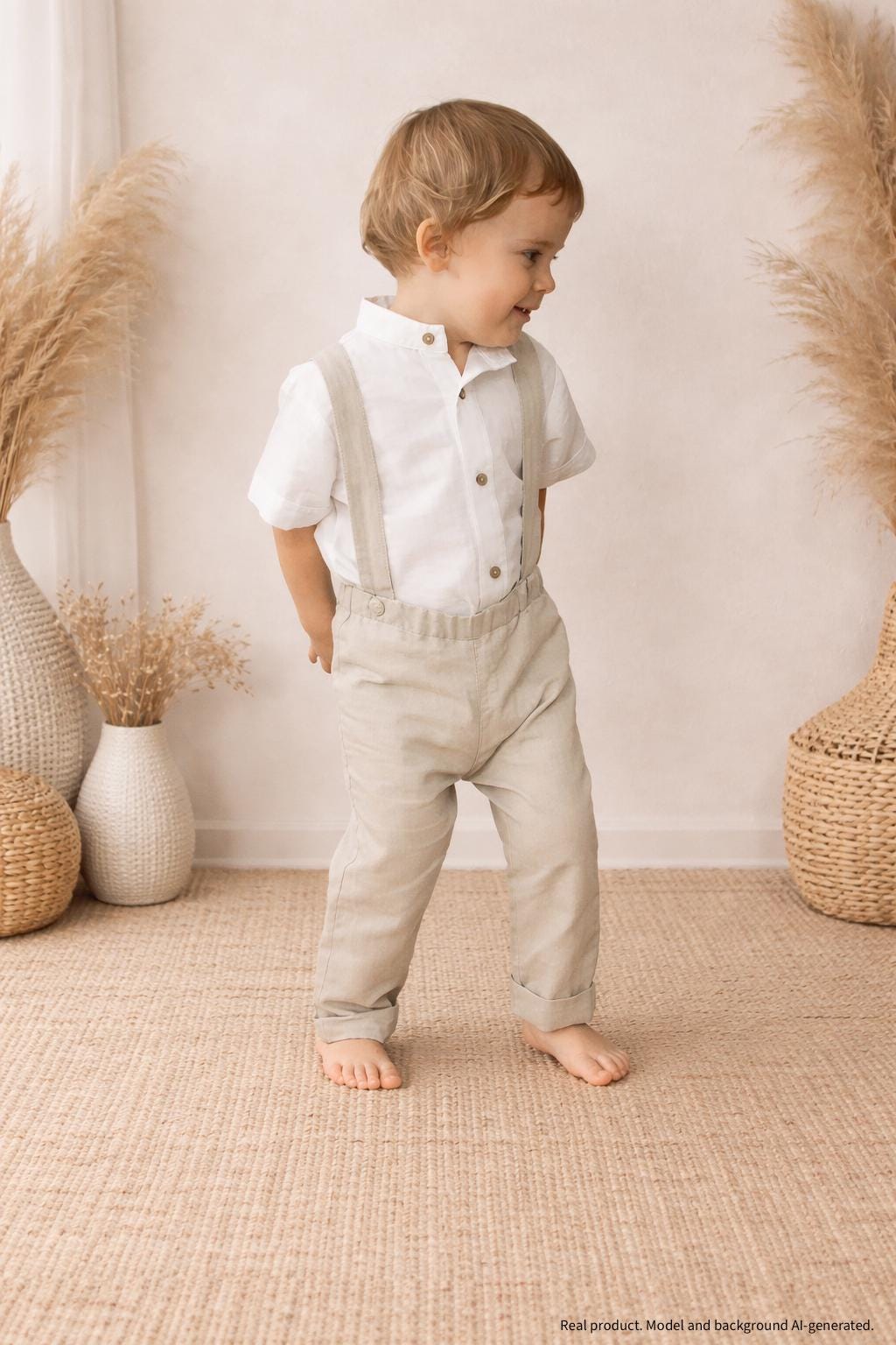 beige boys linen suspender pants - boys wedding pants, ring bearer outfit, wedding suit - ready-to-ship