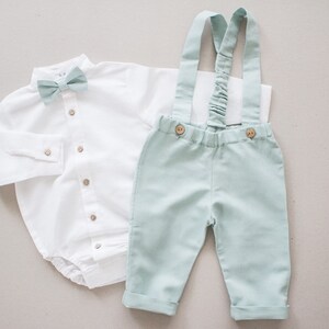 baby boy wedding outfit, boys wedding suit, toddler page boy outfit, ring bearer outfit 2 pcs suit set: pants with suspenders bow tie image 5