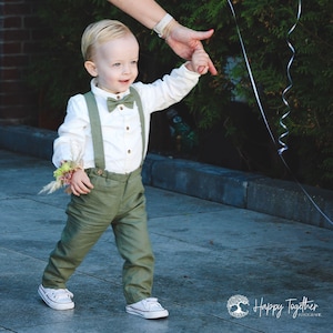 smoke green boys wedding outfit, page boy outfit, ring bearer outfit 2 pcs toddler linen suit: pants with suspenders bow tie image 2