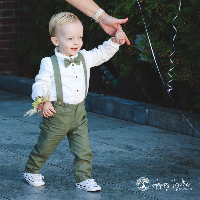 smoke green boys wedding outfit, page boy outfit, ring bearer outfit 2 pcs toddler linen suit: pants with suspenders bow tie image 2