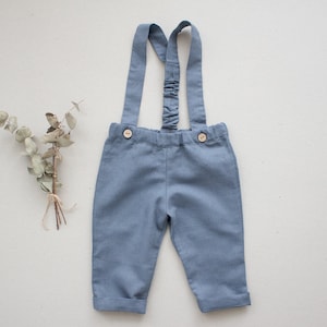 Vendas - Gr. 92/98 - Roupa de batizado para meninos, traje de pajem, traje de batizado, terno de casamento, macacão - calças de linho azul com suspensórios