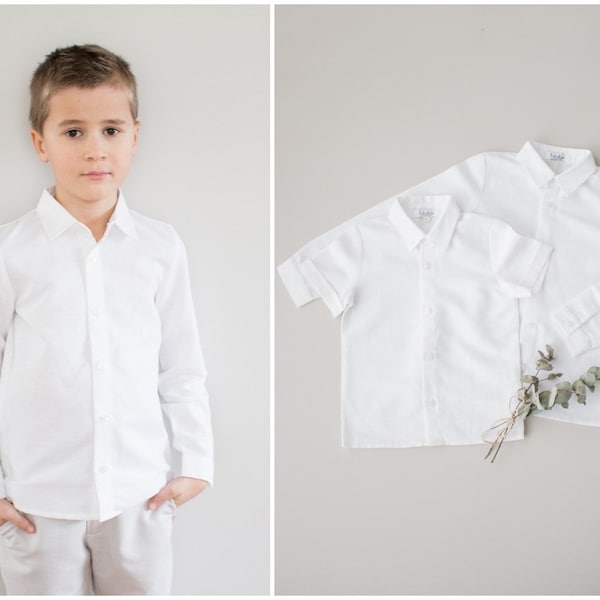 toddler white linen shirt, formal boys shirt, boys wedding shirt, ring bearer suit shirt wit collar