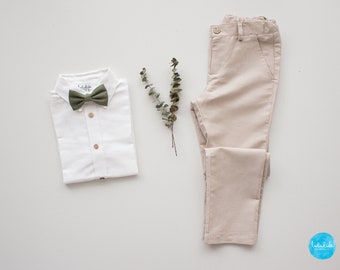 SALE - size 4-5 - ring bearer outfit boys wedding suit page boy suit toddler wedding outfit - 2 pcs boy linen outfit: beige pants  + bow tie