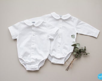 Baby boy baptism outfit - white bodysuit shirt, shirt with peter pan collar, linen shirt, linen onesie, blessing shirt