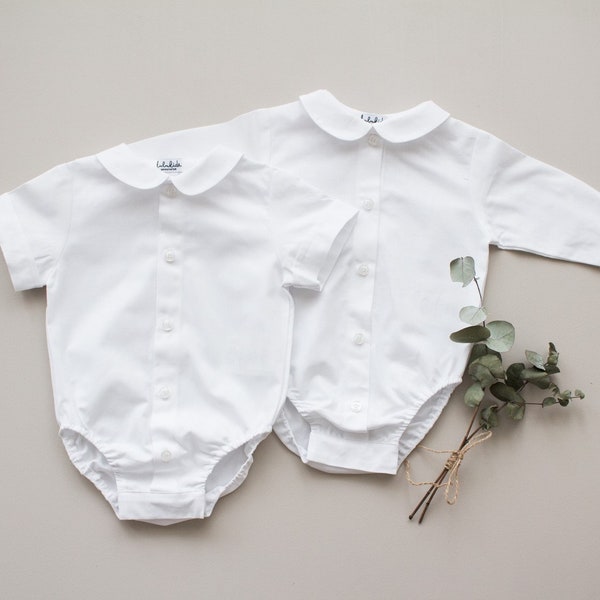 Baby Taufhemd, Hemd Body, Jungen Taufanzug - Leinen Body weißes Hemd mit Bubikragen