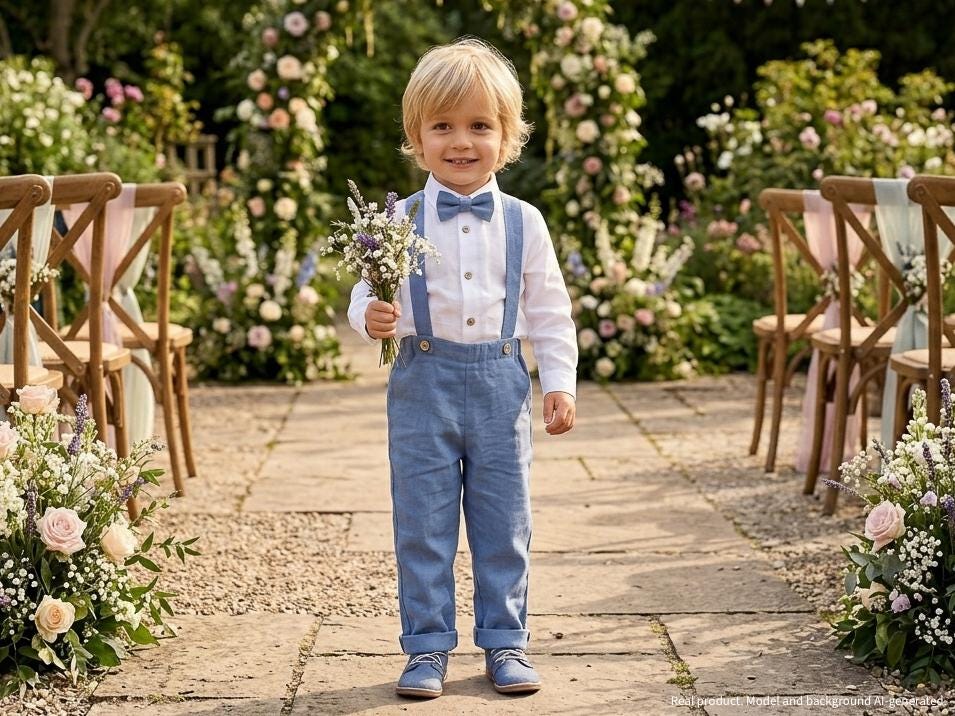 Sales - size US 3T- Boy baptism outfit, ring bearer outfit, page boy suit, wedding outfit, dungarees - blue linen pants with straps