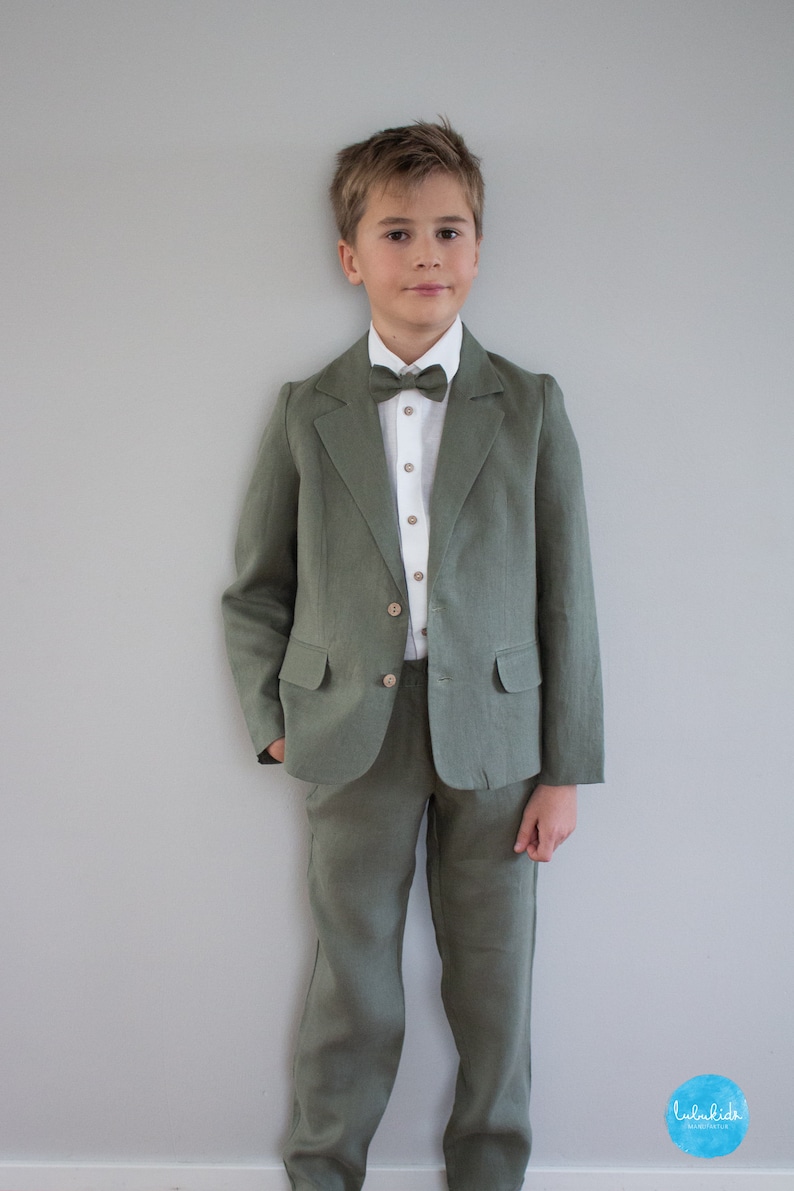 toddler linen suit, ring bearer outfit, page boy suit, toddler wedding outfit 4pcs boys linen suit: blazer pants shirt bow tie 4 pcs outfit