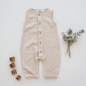 Baby boy muslin (organic cotton) romper, overall, playsuit, dungarees - christening outfit, summer outfit, birth gift, christening suit