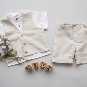 SALE - Boys&#39; wedding suit, ring bearer outfit, boys suit, communion suit, linen suit - 3-piece beige linen outfit: shorts + vest + shirt