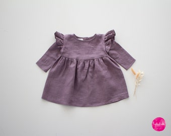 SALE mauve linen baby girl dress with ruffles