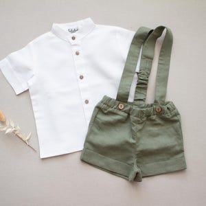 baby boy wedding outfit, toddler linen shorts, christening outfit - 2pcs. blue linen suit: shorts with suspenders + white shirt