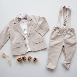 beige toddler ring bearer outfit, boys suspender suit, beach wedding suit - 4pcs: blazer, pants, shirt, bow tie