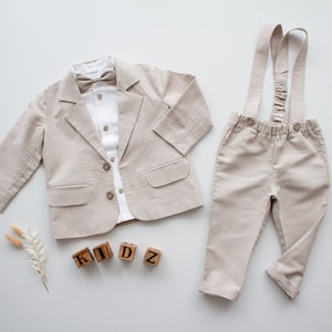 toddler ring bearer clothes, boys suspender outfit, 4pcs set for beeach wedding blazer, pants, shirt, bow tie image 1