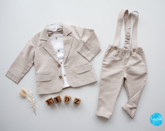 Linnen pak voor jongens, ringdragerpak, trouwoutfit, doopoutfit - 4 stuks. beige linnen outfit: broek + overhemd + jasje + vlinderdas