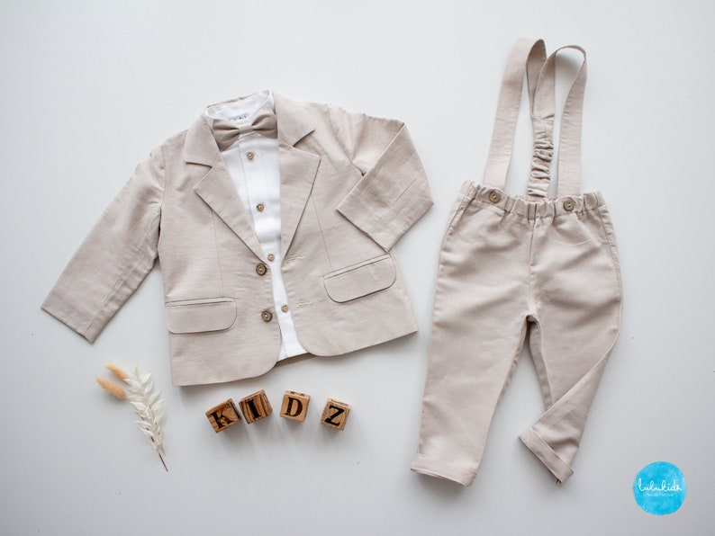 toddler ring bearer clothes, boys suspender outfit, 4pcs set for beeach wedding blazer, pants, shirt, bow tie image 1