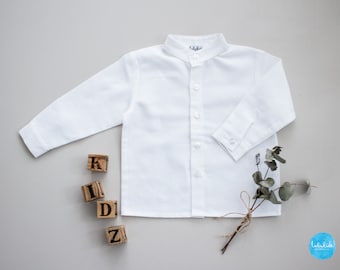 Sales - Gr. 80 - Jungenhemd, Babyhemd, Taufhemd, Taufoutfit, Outfit Hochzeit - weißes Jungen Leinenhemd mit Stehkragen