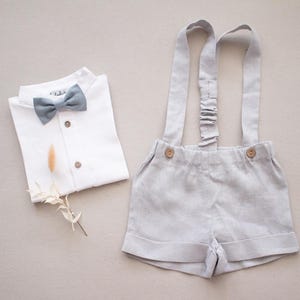 SALE Baby boy baptism outfit, birthday outfit, ring bearer suit, wedding suit - 2-piece gray linen outfit: shorts with straps + bow tie