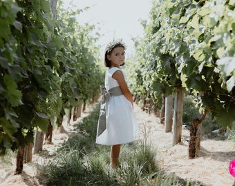 flower girl white linen dress with belt - communion dress, girl wedding dres, children wedding outfit