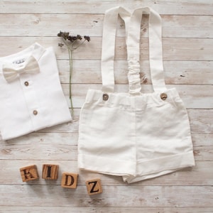 SALE baby boy baptism outfit, wedding suit, linen suit, birthday outfit - 2-piece ivory linen set: shorts with straps + bow tie