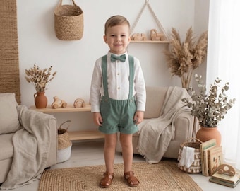 Sales - Baby boy christening outfit, ring bearer outfit, wedding outfit, baptism suit, birthday outfit-green corduroy shorts with suspenders
