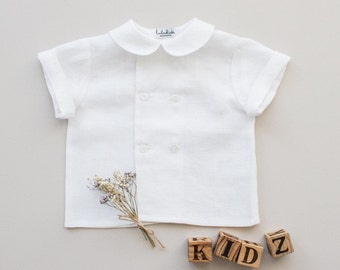 baby boy ringbearer outfit, baptism outfit, wedding suit - white linen shirt, peter pan collar, festive shirt