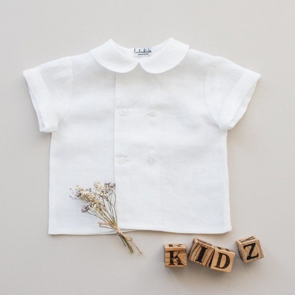 baby boy ringbearer outfit, baptism outfit, wedding suit - white linen shirt, peter pan collar, festive shirt