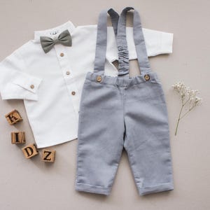 boys wedding outfit, ring bearer outfit, page boy outfit, baby boy wedding suit - 2pcs boy linen suit: suspender pants + shirt