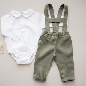 Baby boy baptism outfit, wedding suit, boys outfit, dungarees - 2pcs smoke green linen outfit: linen shorts with straps + white bodysuit