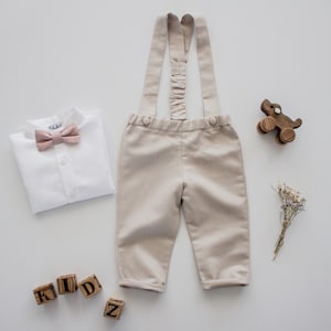 baby boy wedding outfit, boys wedding suit, toddler page boy outfit, ring bearer outfit 2 pcs suit set: pants with suspenders bow tie image 1