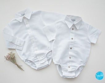 baby boy ring bearer outfit, baptism shirt - white shirt, linen shirt, baby bodysuit, onesie with collar