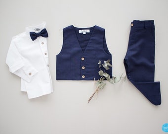 Traje de portador de anillos para niño, traje de boda para niño - Conjunto de lino de 4 piezas: pantalón + camisa + chaleco + pajarita infantil